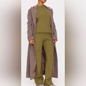 Pretty Little Thing Light Rib Knit S Top & M Wide Leg Pants Set Green Khaki NWT